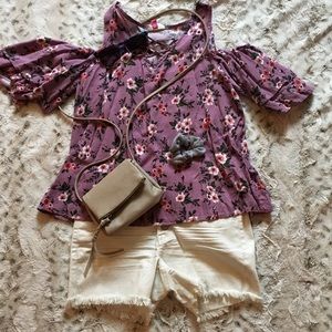 Floral cut out shoulder top